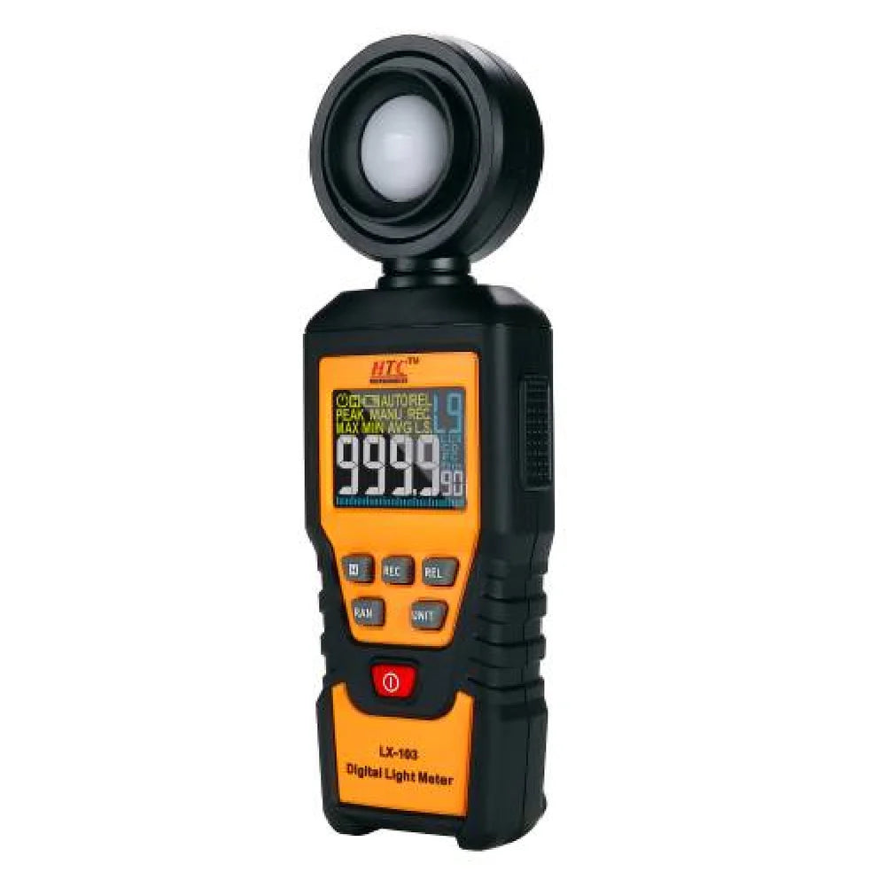 HTC Digital Lux Meter Model LX-103 for Precise Illuminance Measurement with a Wide Range of 0 to 200,000 Lux, High Accuracy, Large LCD Display with Backlight and Bar Graph, Data Hold Function and Auto Power-Off, LX-103