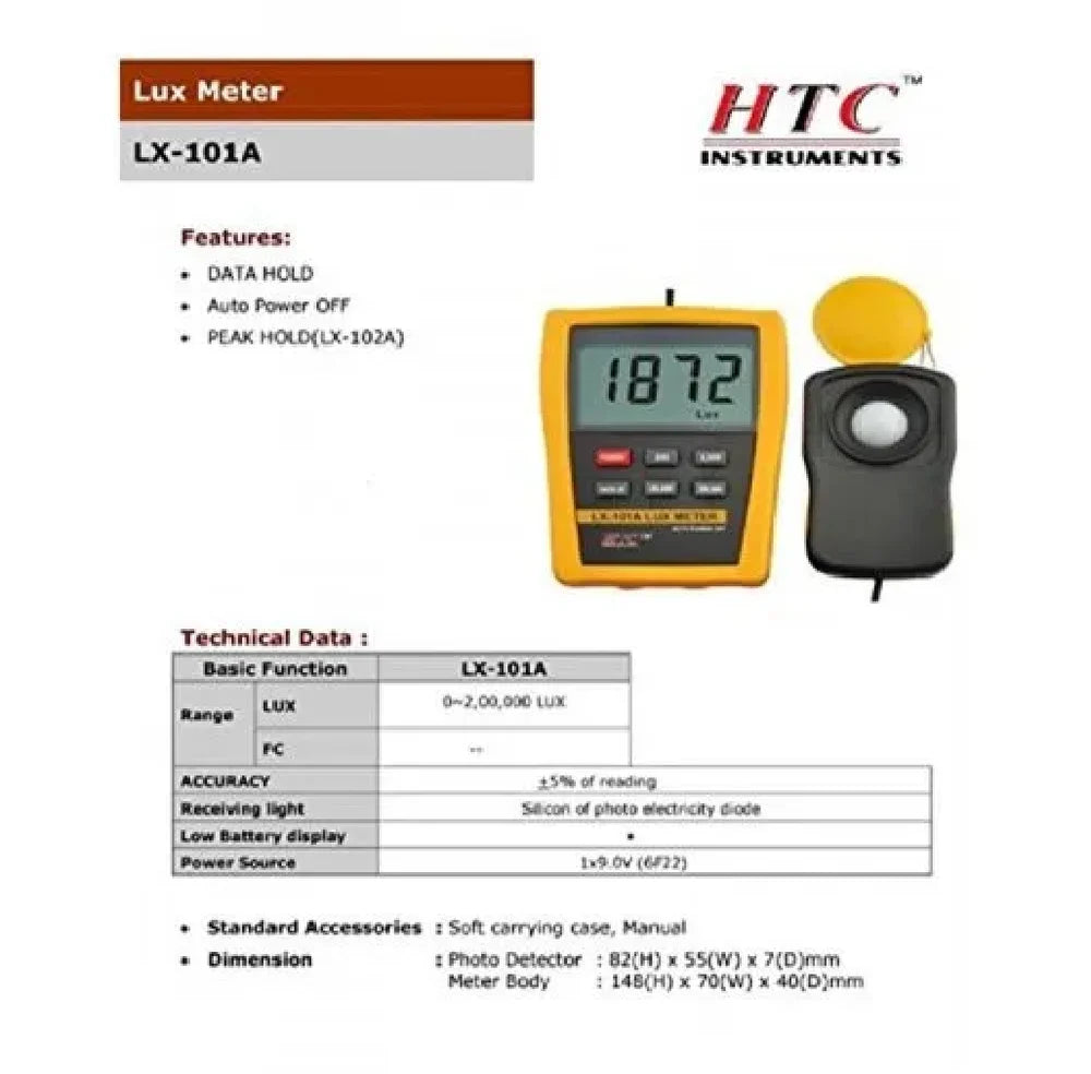 HTC Digital Lux Meter Model LX-101A for Precise Light Intensity Measurement with a Wide Range of 0 to 50,000 Lux, High Accuracy, LCD Display with Backlight, Data Hold Function, Auto Power-Off, and Reliable Silicon Photodiode Sensor