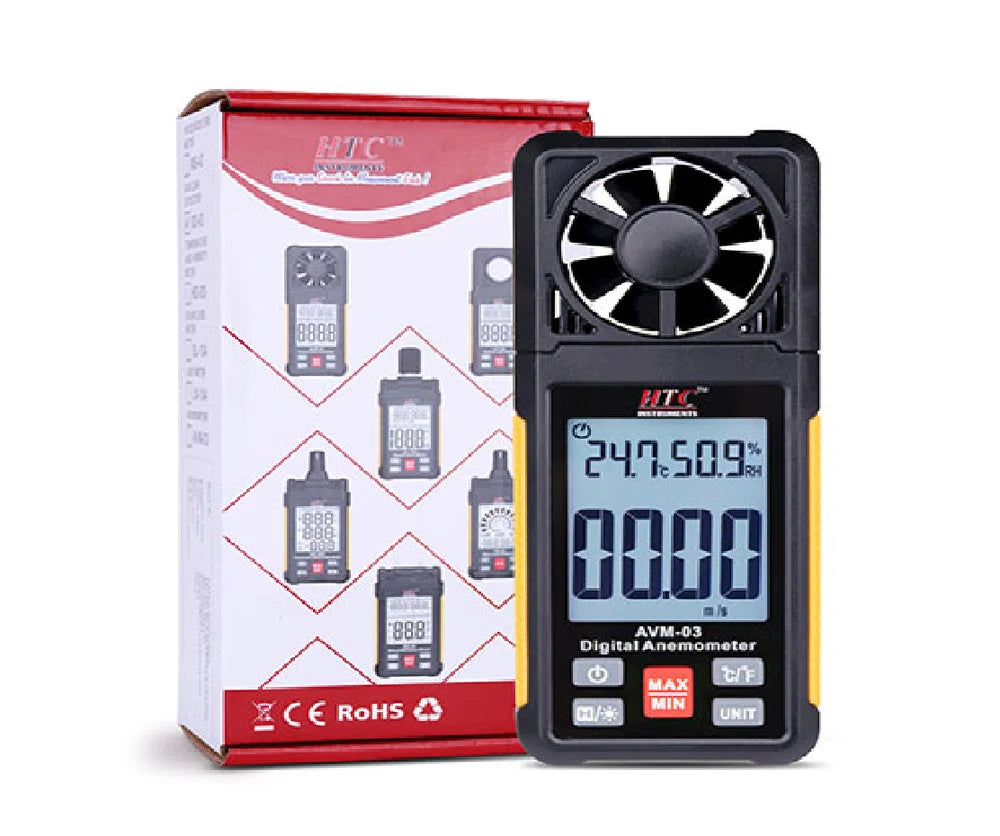 HTC AVM-03 Digital Anemometer with Multi-Unit Wind Speed Measurement, Airflow and Temperature Sensing, Max/Min Recording, Data Hold Function, Auto Power Off & LCD Display for HVAC, Industrial, Environmental & Outdoor Applications, AVM-03