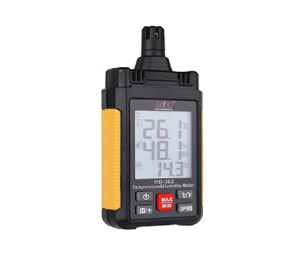 HTC HD-303 Mini Thermo Hygrometer with Dew Point and Wet Bulb Temperature Measurement, Large Backlit LCD, Max/Min Function, and Data Hold for Industrial, HVAC, and Environmental Applications