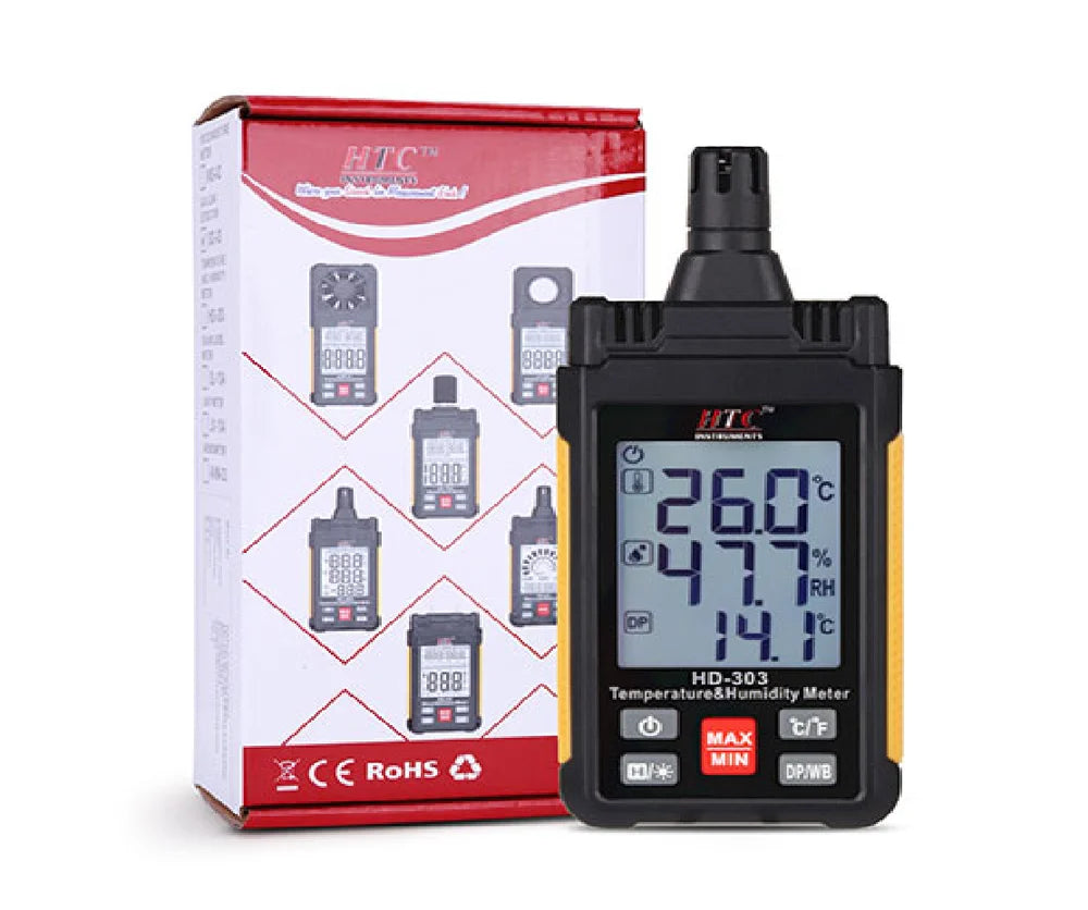 HTC HD-303 Mini Thermo Hygrometer with Dew Point and Wet Bulb Temperature Measurement, Large Backlit LCD, Max/Min Function, and Data Hold for Industrial, HVAC, and Environmental Applications