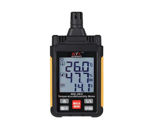HTC HD-303 Mini Thermo Hygrometer with Dew Point and Wet Bulb Temperature Measurement, Large Backlit LCD, Max/Min Function, and Data Hold for Industrial, HVAC, and Environmental Applications