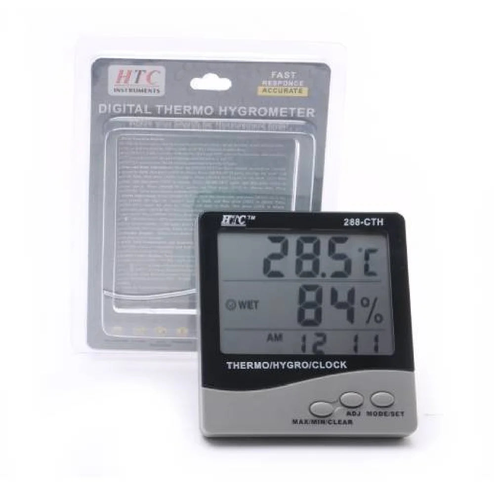 HTC 288-CTH Digital Thermo Hygrometer with Temperature, Humidity, and Time Display, Comfort Index Indicator, Memory Function, and Large LCD Screen for Home, Office, and Industrial Use