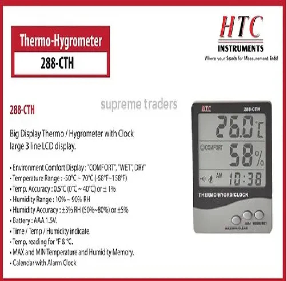 HTC 288-CTH Digital Thermo Hygrometer with Temperature, Humidity, and Time Display, Comfort Index Indicator, Memory Function, and Large LCD Screen for Home, Office, and Industrial Use