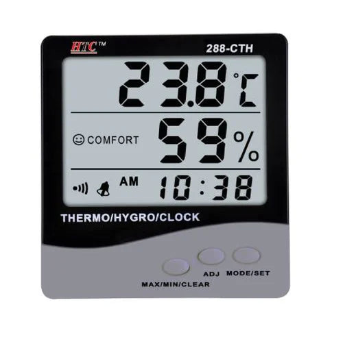 HTC 288-CTH Digital Thermo Hygrometer with Temperature, Humidity, and Time Display, Comfort Index Indicator, Memory Function, and Large LCD Screen for Home, Office, and Industrial Use