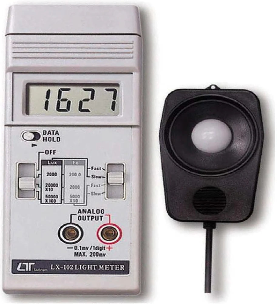 HTC Digital Lux Meter Model LX-102 for Accurate Illuminance Measurement Range of 0 to 200,000 Lux, High Resolution, LCD Display, Data Hold Function, Auto Power-Off for Use in Lighting Design, Quality Control & Environmental Monitoring