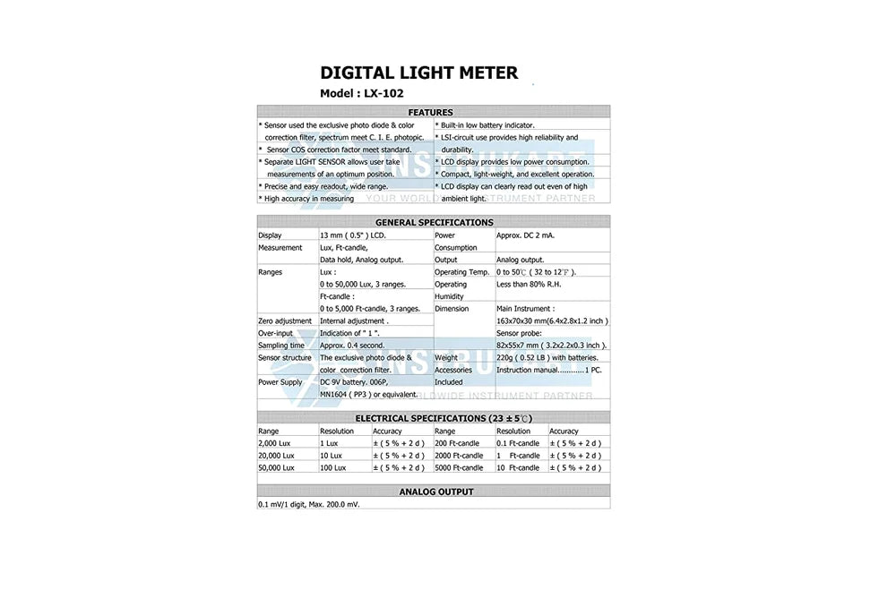 HTC Digital Lux Meter Model LX-102 for Accurate Illuminance Measurement Range of 0 to 200,000 Lux, High Resolution, LCD Display, Data Hold Function, Auto Power-Off for Use in Lighting Design, Quality Control & Environmental Monitoring