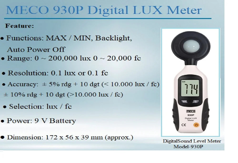 Meco Digital Lux Meter Model 930P for Precise Illuminance Measurement with Wide Range of 0 to 200,000 Lux, High Accuracy, Maximum/Minimum Recording & Backlight Display for Use in Lighting Design, Quality Control & Environmental Monitoring