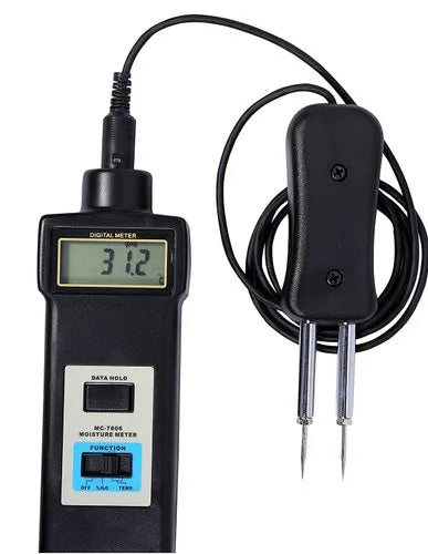 Real Instruments Grain Moisture Meter MC-7806 with 0-50% Moisture Range, -10°C to 65°C Temperature Measurement, Stainless Steel Probe, LCD Display, Automatic Calibration, Data Hold Function, and Durable Portable Design for Agriculture and Quality Control