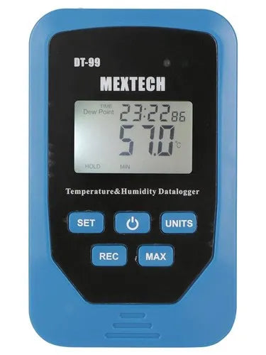 Real Instruments Mextech DT-99 High-Precision Temperature and Humidity Data Logger with Wide Measurement Range, Large Data Storage Capacity, Customizable Sampling Intervals, USB Connectivity, Rechargeable Battery, Real-Time LCD Display & Alarm Indicators