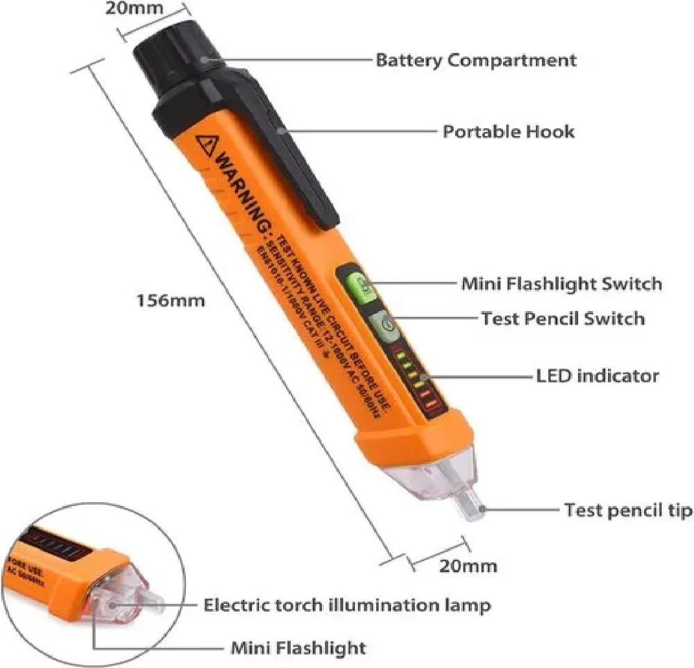 Real Instruments Voltage Tester AC-8 Non-Contact-Based Electrical Tester with AC Voltage Detection Range of 12V to 1000V, LED Indicators, Audible Buzzer, Continuity Test Function, Durable Shock-Resistant Body, and Portable Design for Professional & Home
