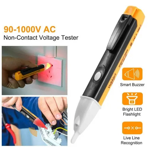 Real Instruments Voltage Tester 90~1000V AC Electric Voltage Power Detector Alert Sensor Tester LED Light Non-Contact Pen,Yellow (1) Battery Powered