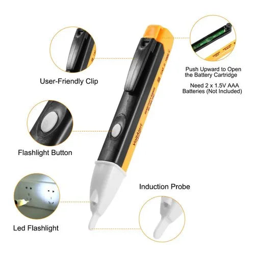 Real Instruments Voltage Tester 90~1000V AC Electric Voltage Power Detector Alert Sensor Tester LED Light Non-Contact Pen,Yellow (1) Battery Powered