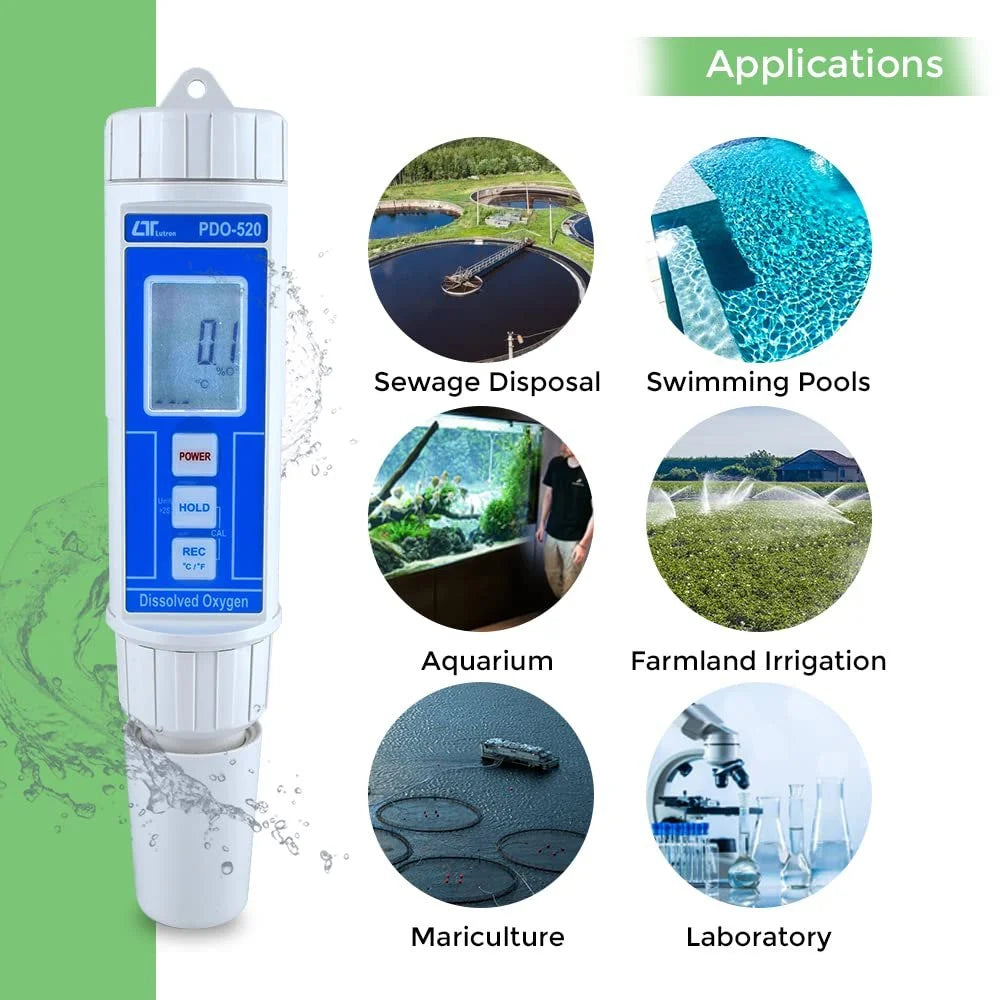 Lutron PDO-520 High-Accuracy Dissolved Oxygen Meter with Comprehensive Measurement Range, Automatic Calibration, Temperature Compensation, IP65 Splashproof Design for Aquaculture, Environmental Analysis, Water Treatment & Laboratory Use