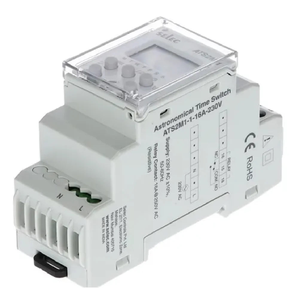 Real Instruments Selec ATS2M1 16 Amp Digital Programmable Timer Switch with Advanced Automation, LCD Display, Multiple ON/OFF Scheduling Modes, Memory Backup, Energy-Efficient Operation & DIN Rail Mounting for Industrial, Commercial & Residential, ATS2M1