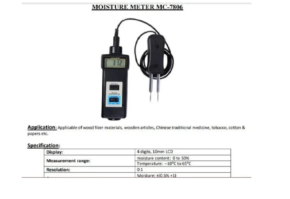 Real Instruments Grain Moisture Meter MC-7806 with 0-50% Moisture Range, -10°C to 65°C Temperature Measurement, Stainless Steel Probe, LCD Display, Automatic Calibration, Data Hold Function, and Durable Portable Design for Agriculture and Quality Control