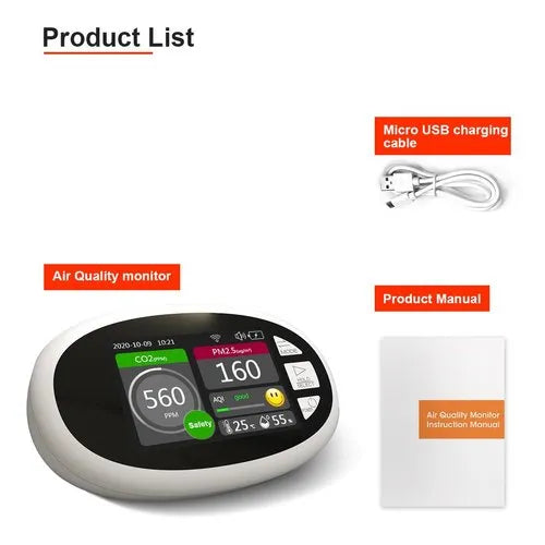 Real Instruments CO2 Air Quality Monitor, Temperature, Relative Humidity, 24H Real Time Monitor, Built-in 2000 MAh Battery, CO2 Carbon Dioxide PPM Level, AQM-11